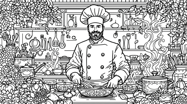 En detaljeret mesterkok farvelægningsside med en skægget kulinarisk professionel i et udarbejdet køkkenmiljø med udsmykkede dekorative elementer.