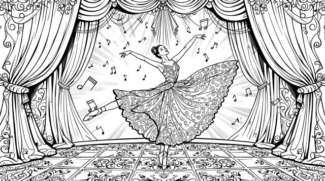 En elegant balletdanser farvelægningsside med yndefuld arabesque-positur og udsmykkede paisley-mønstre på barok teaterscene.