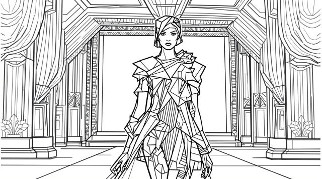 En sofistikerad modemoder-målarsida med avantgardistisk geometrisk design i en utsmyckad teatralisk miljö.