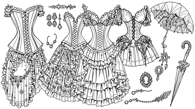 En detaljerad färgläggningssida för vuxna med en samling av vintage viktorianska modetillbehör och korsetter med elaborerade detaljer.