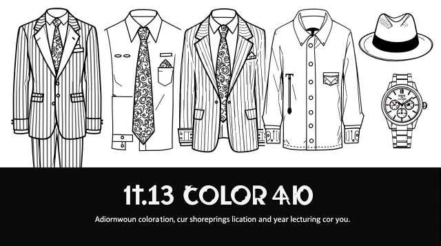 上質なメンズファッション塗り絵 - 5つのエレガントな衣装と繊細なパターンを横並びに配置したデザイン