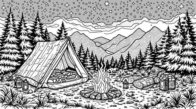 オーロラとキャンプファイヤーのある山岳キャンプシーン - 大人の塗り絵