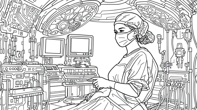 En futuristisk kvindelig kirurg farvesiden med indviklet sci-fi medicinsk teknologi og cyberpunk operationsstue detaljer.