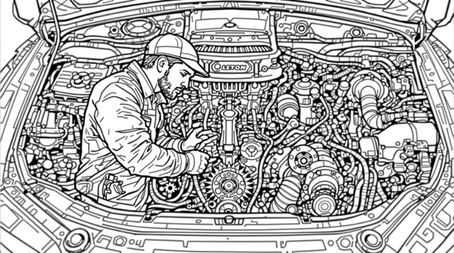 精密な機械部品が描かれた自動車整備士の塗り絵 - エンジンルームで作業する整備士とバロック調装飾エンジンの大人の塗り絵
