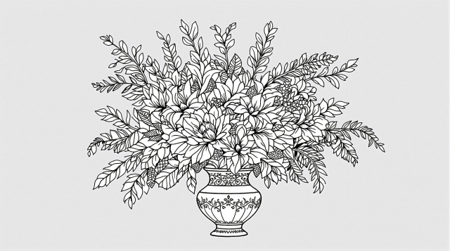 En detaljeret sort-hvid farvelægningsside med blomsterarrangement i ornamental vase med indviklede botaniske elementer.