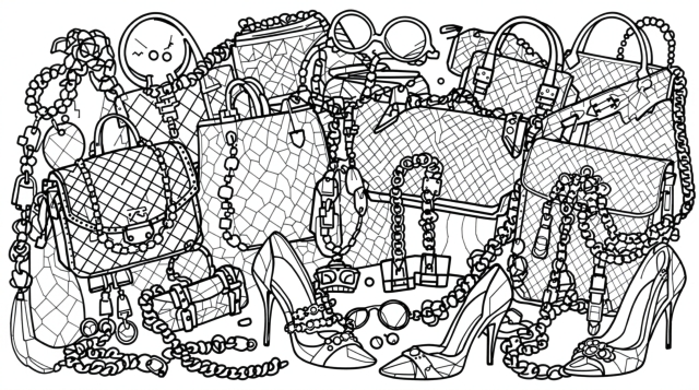 大人の塗り絵 ファッション小物コレクション - ブランドバッグ、ハイヒール、ジュエリーの精密デザイン