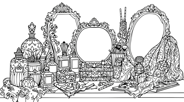 En elegant sminkbord-scen färgläggningssida med utsmyckade speglar, parfymflaskor och lyxiga skönhetstillbehör.