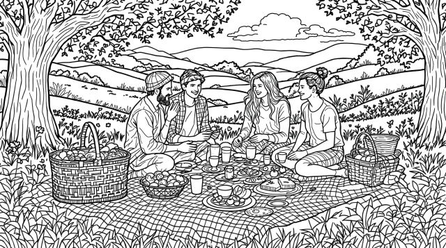 公園でピクニックを楽しむ4人の仲間たち - 細密な模様と自然が美しい大人の塗り絵
