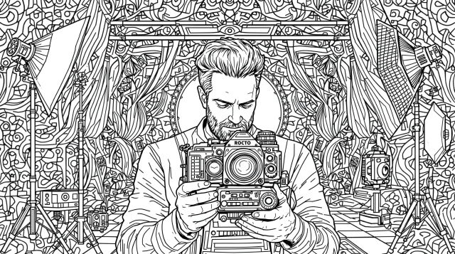 ヴィンテージカメラを持つプロカメラマンの塗り絵 - 大人向け精密デザイン