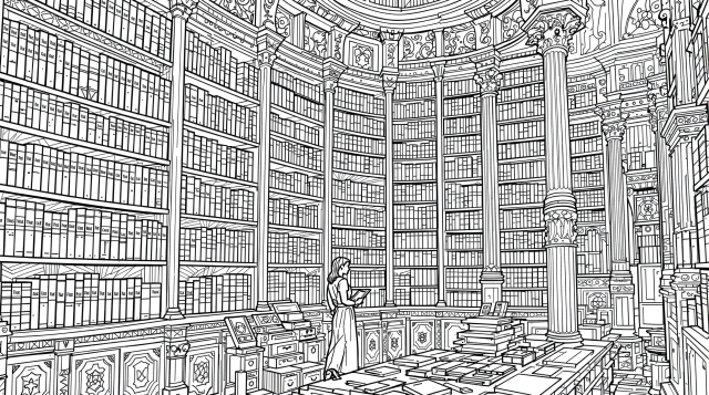 En pragtfuld sort-hvid stregrtegning viser en elegant bibliotekar, der står i et storartet cirkulært bibliotek med udsmykkede arkitektoniske detaljer og høje bogreoler.