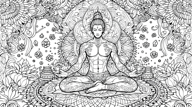 仏陀瞑想の塗り絵 - 精巧な曼荼羅模様と仏教シンボルが美しい大人の塗り絵
