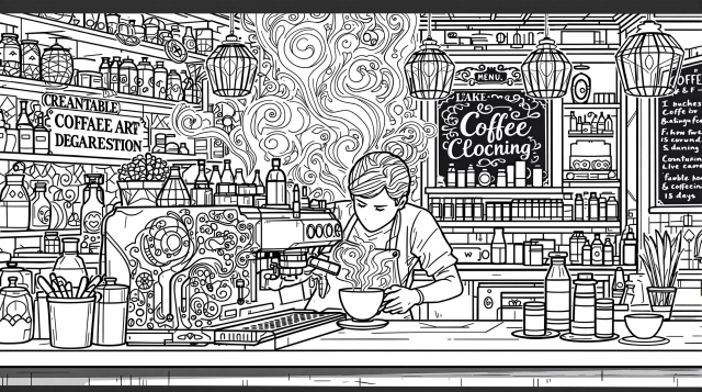 A detailed barista coloring page featuring Victorian-inspired espresso machine and ornate coffee shop interior.