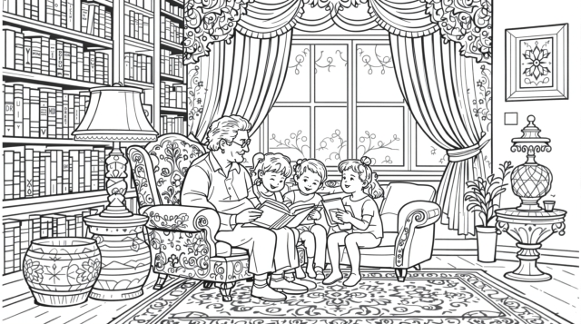 図書館で読み聞かせをする大人と子どもたちの温かなシーン - 繊細な建築デザインが美しい大人の塗り絵