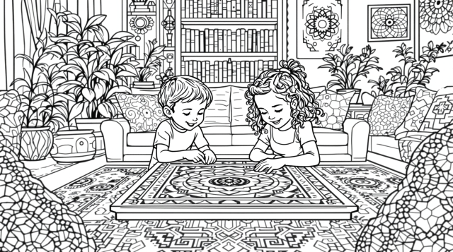 マンダラ模様のボードゲームで遊ぶ子供たち - 観葉植物に囲まれた部屋の大人の塗り絵