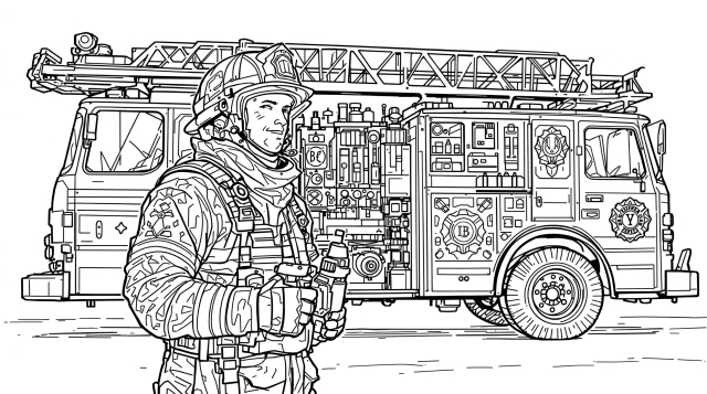 En detaljeret brandmand farveside, der viser en smilende brandmand i beskyttelsesudstyr, der står ved siden af en brandbil med mekaniske komponenter.