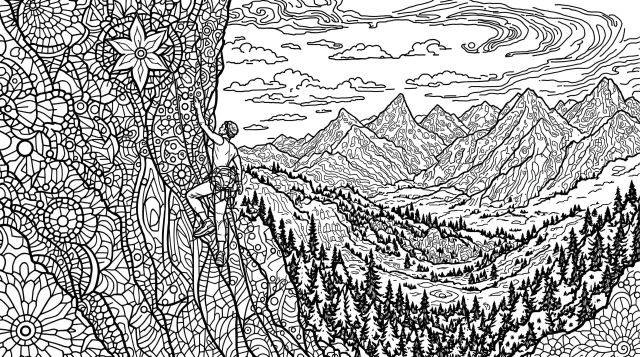 En invecklad klättringsfärgläggningssida som visar en klättrare som bestiger en utsmyckad klippa i ett bergsdalslandskap.