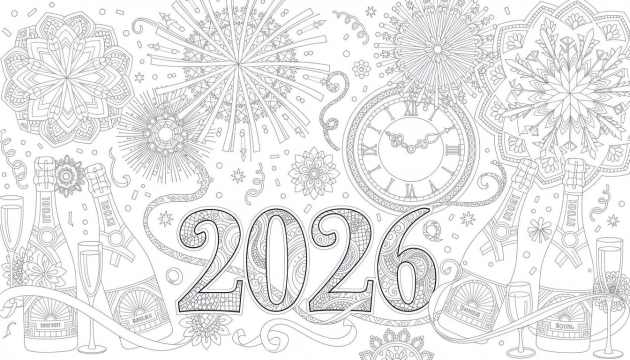 Un coloriage détaillé du Nouvel An 2026 présentant des feux d'artifice élaborés, des bouteilles et flûtes de champagne, une horloge ornée sonnant minuit et des chiffres aux motifs zentangle.