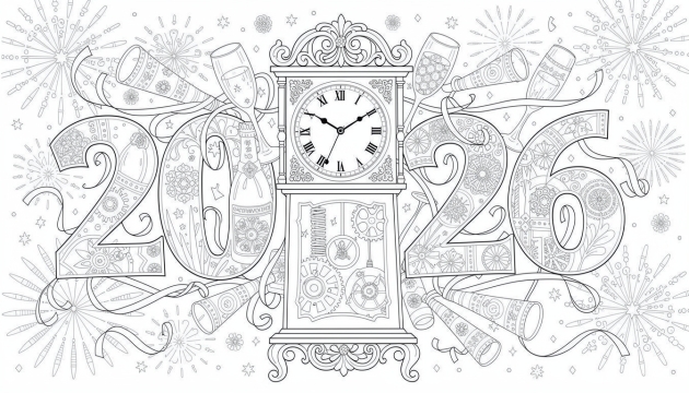Una página para colorear de Año Nuevo 2026 con un reloj de pie ornamentado marcando la medianoche rodeado de botellas de champán y decoraciones festivas.