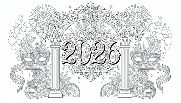 Una página para colorear de Año Nuevo 2026 con arco barroco ornamentado, columnas clásicas, máscaras de carnaval y fuegos artificiales en arte lineal intrincado.