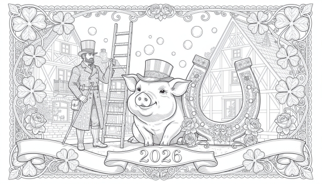 Uma página de colorir sofisticada de amuletos de Ano Novo alemão 2026 com um porquinho de cartola, limpador de chaminés e ferradura com decorações Art Nouveau intrincadas.