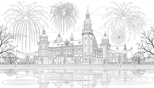 Um desenho detalhado em preto e branco do Castelo Real de Wawel em Cracóvia com fogos de artifício espetaculares explodindo sobre suas torres renascentistas durante uma celebração festiva.