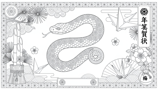 Una elegante página para colorear del zodiaco de la serpiente japonesa para el Año Nuevo 2026 con intrincados motivos tradicionales y patrones detallados.