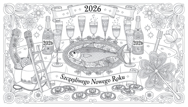 Uma elegante página de colorir do Ano Novo Polonês 2026 com símbolos tradicionais de sorte, celebração com champanhe e padrões intrincados de arte popular.