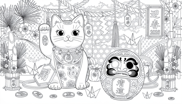 Uma página de colorir do Ano Novo Japonês 2026 com um Maneki-neko gato da sorte detalhado e boneco Daruma tradicional cercados por decorações festivas.