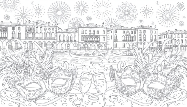 Uma página para colorir de máscara veneziana com máscaras ornamentadas, fogos de artifício, gôndolas e o Grande Canal durante a celebração do Ano Novo 2026.