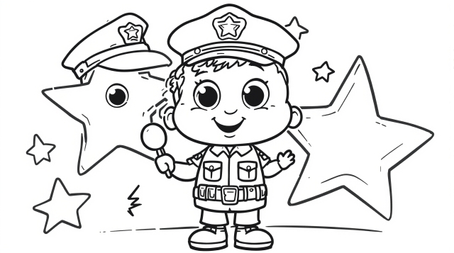 A cheerful cartoon police officer Bobbie Goodie coloring page with stars and friendly pose.