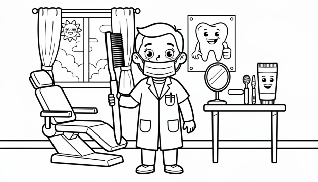 白衣を着た笑顔の歯科専門家が歯ブラシを持ち、温かい診療所の環境で描かれた楽しい歯医者さんの塗り絵ページです。