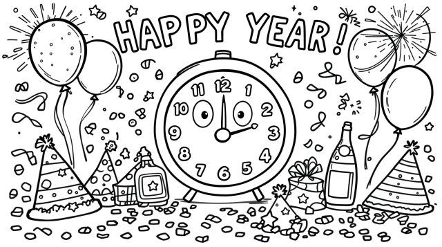 En festlig nyårsfirande färgläggningssida med en leende midnattsklocka omgiven av ballonger och festdekorationer.