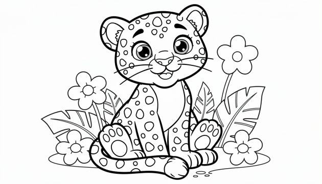 En leken babyleopard omgitt av tropiske blomster og blader.