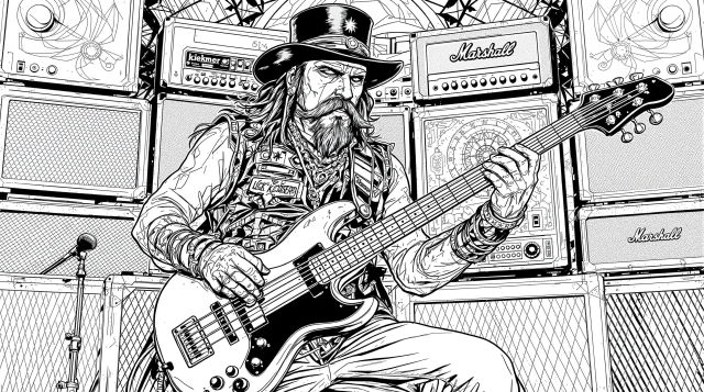レミー・キルミスターがリッケンバッカーベースを弾く詳細な大人の塗り絵