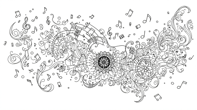 音楽モチーフの華麗な装飾デザイン 大人の塗り絵 バロック様式の流麗な水平構図