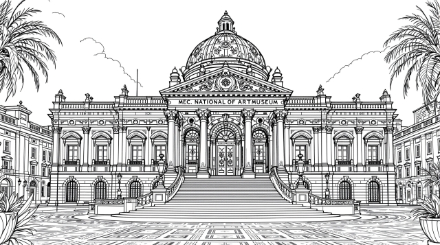 メキシコシティ国立美術館の塗り絵 - 新古典主義とバロック様式の緻密な建築デザイン
