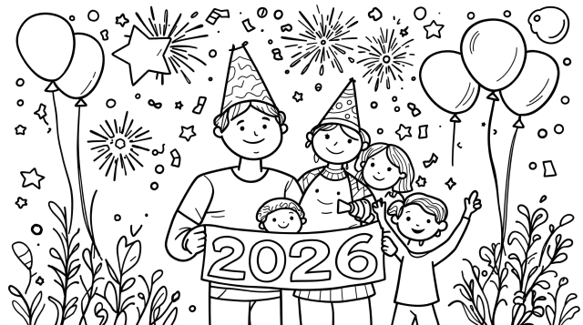 A happy family of five celebrating New Year 2026 in a festive black and white coloring page.