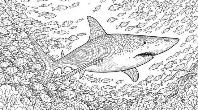 ホホジロザメが魚の群れを狩る詳細な塗り絵 - 緻密な水中の捕食シーン