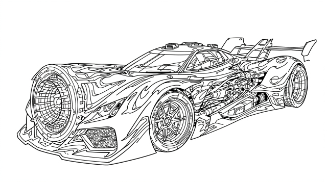 A highly detailed Hot Wheels racing car with integrated jet engine system coloring page featuring aerodynamic design and complex mechanical components.