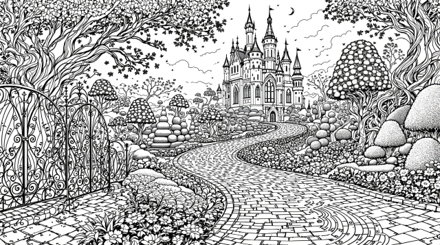 豪華な城と美しい庭園が描かれたおとぎ話の風景・大人の塗り絵ページ