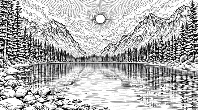 En detaljeret bjergssø farveside med perfekte reflektioner og alpine landskab.