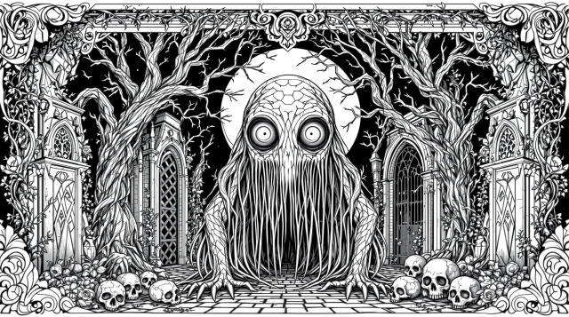 モモチャレンジの不気味なクリーチャー塗り絵 - ゴシックホラーとドリップアートの大人向け精密デザイン