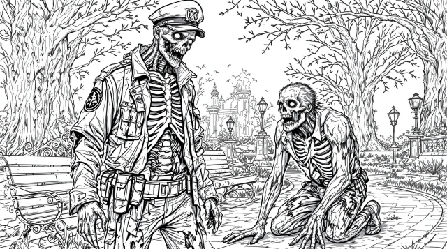 ゴシック城の公園を守るゾンビ警備員の塗り絵 - 精密な線画で描かれた不死のガーディアン2体