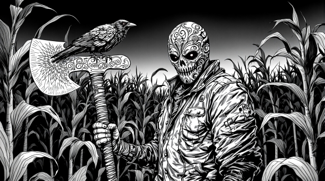 骸骨の死神と装飾的な髑髏が描かれた白黒イラスト - トウモロコシ畑の迷路で装飾斧を持つダークアート