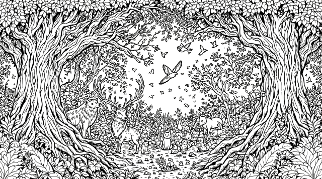 魅惑の森の塗り絵 - 多様な野生動物とシンメトリーなアーチ構図の繊細なデザイン
