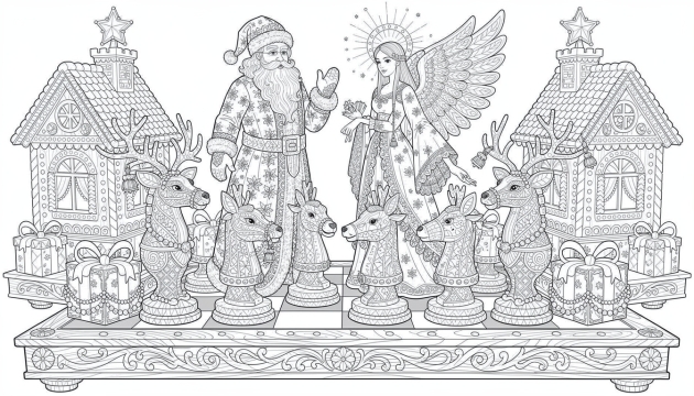 An ornate Christmas display scene featuring Santa Claus, an angel, reindeer, and gingerbread houses on a decorative mantelpiece for adult coloring.