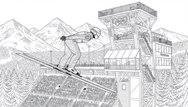 A ski jumper soars above a detailed jump tower with Alpine mountains behind.