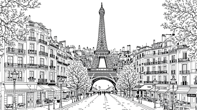 エッフェル塔を望むパリの街並み - 並木道から見た大人の塗り絵