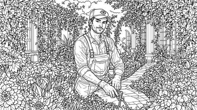 En professionel gartner farvelægningsside med indviklede botaniske havescener og klassisk arkitektur.