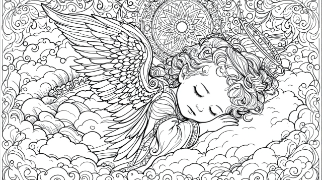 眠る天使の子供の塗り絵 - 緻密なバロック様式の装飾と天体モチーフの大人向け塗り絵ページ